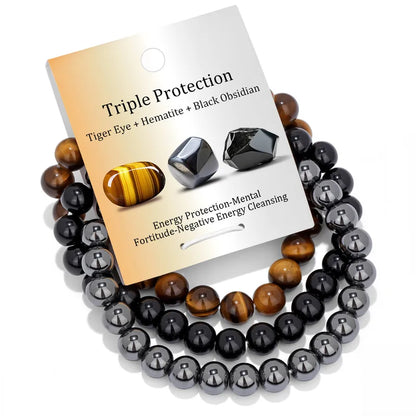 Triple Protection Bracelet Set, Tiger Eye, Hematite & Black Obsidian