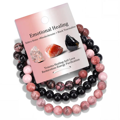 Emotional Healing Bracelet Set, Zebra Stone, Rhodochrosite & Black Tourmaline