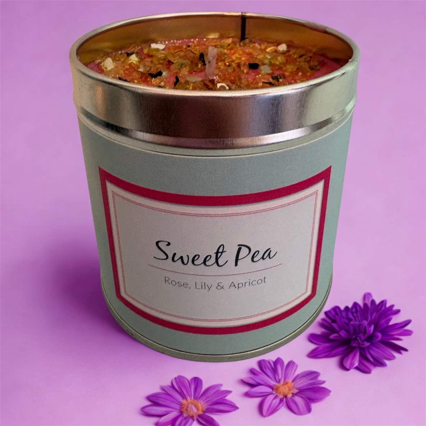 Sweet Pea Candle - Rose, Lily & Apricot Scented Tin Candle